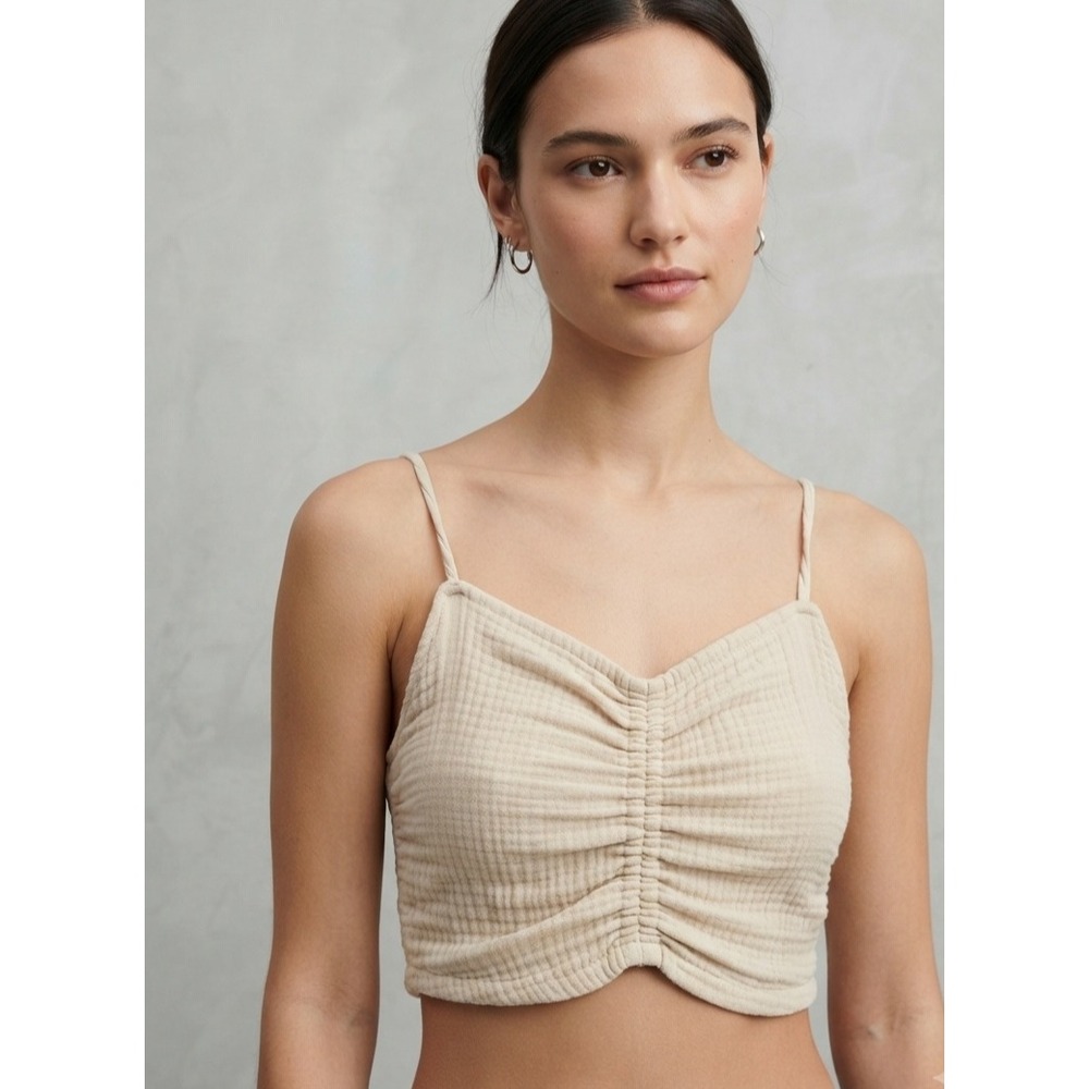 Aerie Boho Gauze Ruched Front Smocked‎ Back Cropped Cami Tank Top Beige XS